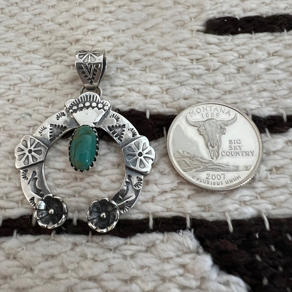 ❤️ Kingman Turquoise Navajo Sterling Silver Decorative NAJA Pendant 12.1G - 2”L - Picture 14 of 16